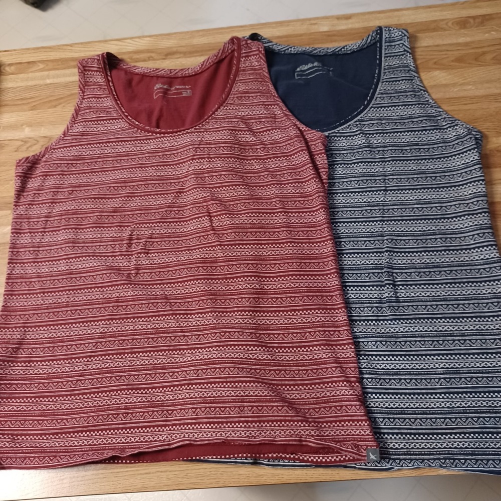 Eddie Bauer Logo Geometric Aztec Red and Blue Stretchy Tank Tops Lot of 2 Size M